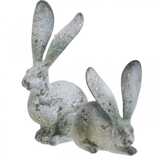 Artikel Dekorativ kanin, havefigur i betonlook, shabby chic, påskedekoration med sølvdetaljer H21/14cm, sæt med 2