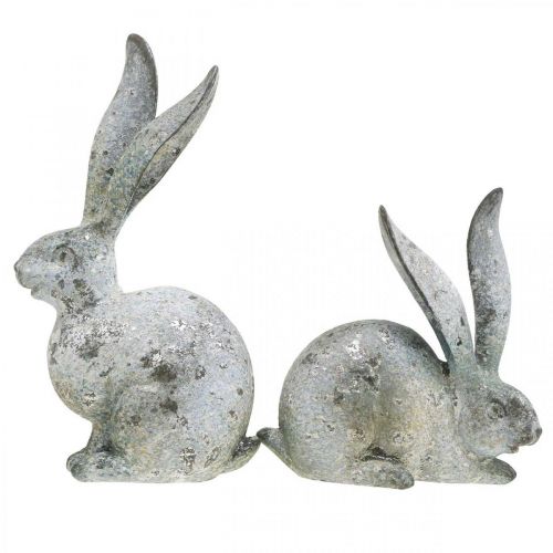Artikel Dekorativ kanin, havefigur i betonlook, shabby chic, påskedekoration med sølvdetaljer H21/14cm, sæt med 2