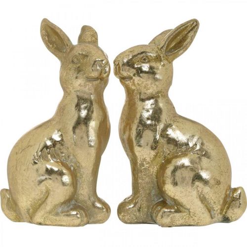 Artikel Dekorativ kanin guld siddende, kanin til at dekorere, par påskeharer, H16,5 cm 2 stk.
