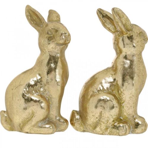 Artikel Dekorativ kanin guld siddende, kanin til at dekorere, par påskeharer, H16,5 cm 2 stk.