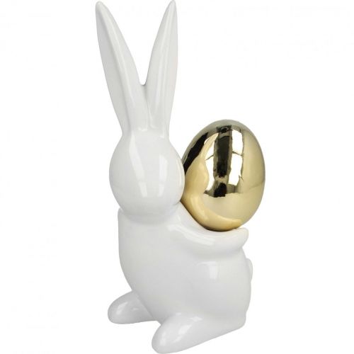 Påskeharer elegante, keramiske kaniner med guldæg, påskedekoration hvid, gylden H18cm 2 stk.
