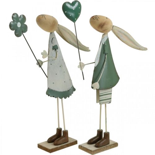 Floristik24 Metal påskedekoration Forår påskehare Par Borddekoration Grøn Beige L29,5/31,5 cm Sæt med 2