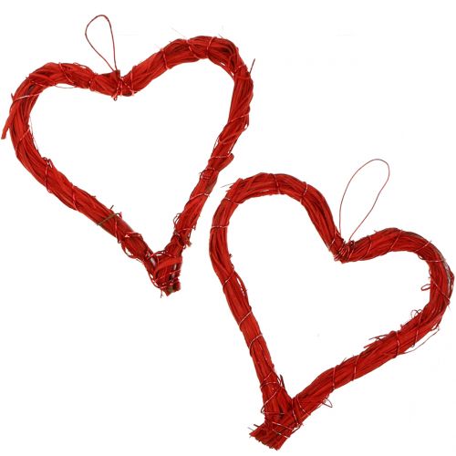 Floristik24 Hjerte lavet af raffia til at hænge rødt 15cm 8stk