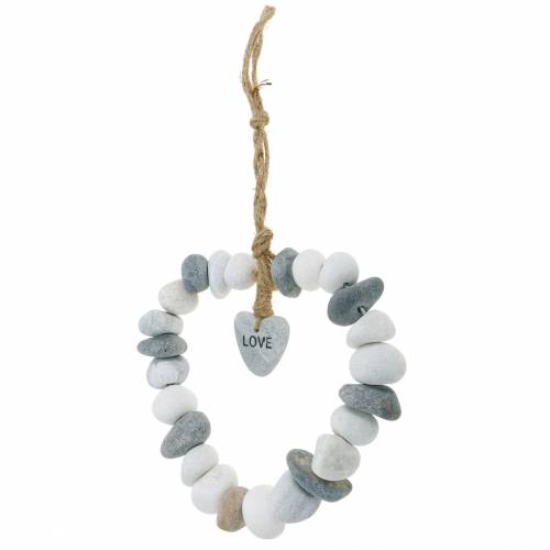 Hjerte til at hænge “Love” lavet af flodsten Natur, grå / hvid Ø18cm 1 stk