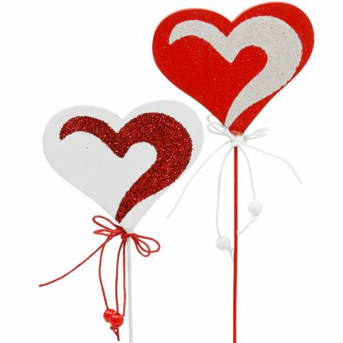 Artikel Hjerte på pind rødt, hvidt dekorativt hjerte dekorativt stik Valentinsdag 16 stk