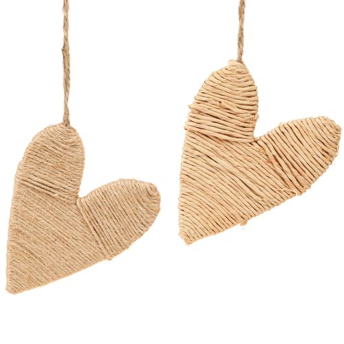 Hjerter til ophængning af hamp og raffia dekoration, naturlige H10,5 cm, 8 stk.