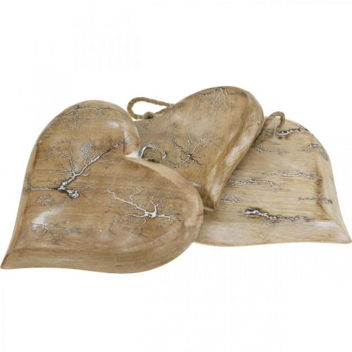 Floristik24 Bryllupsdekoration, hjertevedhæng, Valentinsdag, trædekoration med mønster natur, vasket hvid 14×15,5cm 3 stk.
