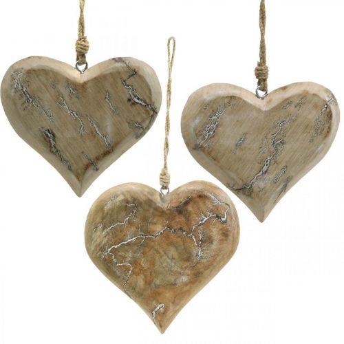 Bryllupsdekoration, hjertevedhæng, Valentinsdag, trædekoration med mønster natur, vasket hvid 14×15,5cm 3 stk.