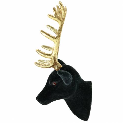 Floristik24 Dekorativt hjortehoved flokeret sort, guld 10cm x 20cm 3stk