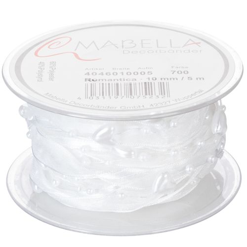 Artikel Bryllupsdekoration organzabånd hvidt 10mm x 5m med hjerter og perler