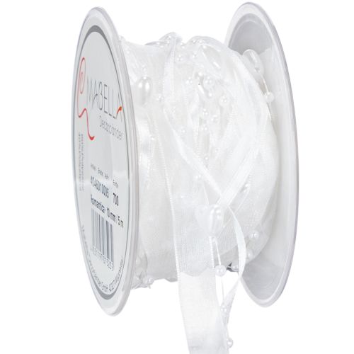 Floristik24 Bryllupsdekoration organzabånd hvidt 10mm x 5m med hjerter og perler