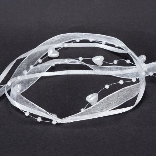 Artikel Bryllupsdekoration organzabånd hvidt 10mm x 5m med hjerter og perler