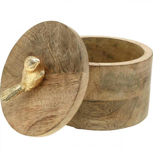 Artikel Smykkeskrin med fugl, fjeder, dekorationsæske lavet af mangotræ, ægte træ natur, gylden H11cm Ø12cm