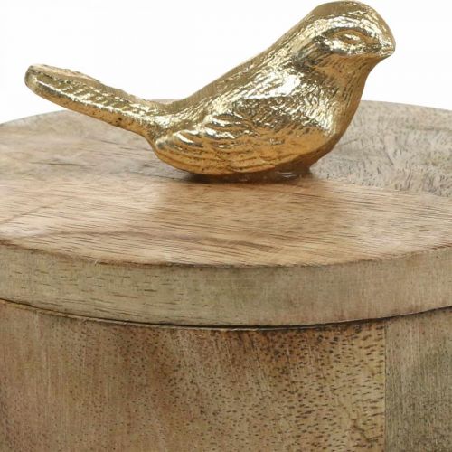 Artikel Smykkeskrin med fugl, fjeder, dekorationsæske lavet af mangotræ, ægte træ natur, gylden H11cm Ø12cm