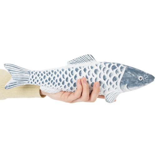 Træfisk i blå og hvid, fiskedekoration, træmel, 35 cm, 1 stk. | Floristik24.dk