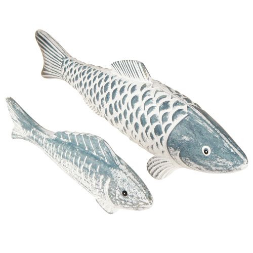 Artikel Træfisk i blåt hvidt træmel L23cm/35cm Sæt med 2