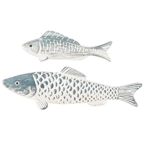 Artikel Træfisk i blåt hvidt træmel L23cm/35cm Sæt med 2