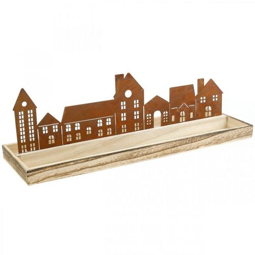Dekorativ træbakke rektangulær med patinahuse 50×17cm