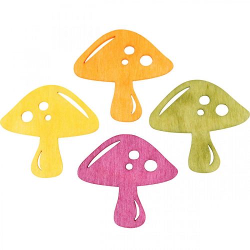 Artikel Spredte dekorationssvampe, efterårsdekoration, lykkesvampe til dekoration af orange, gul, grøn, pink H3,5/4cm B4/3cm 72 stk.