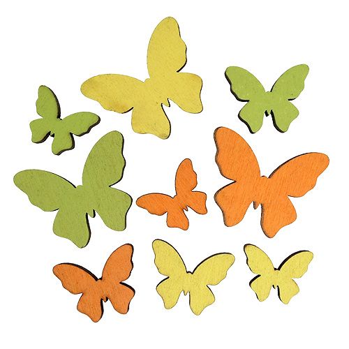 Sommerfugl af træ 2,5-4cm orange, grøn, gul 36stk