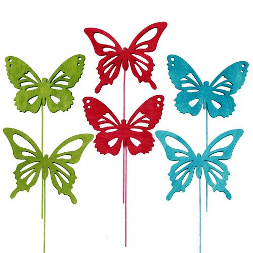 Træsommerfugl med tråd assorterede farver. 8cmx6cm L28cm 18 stk
