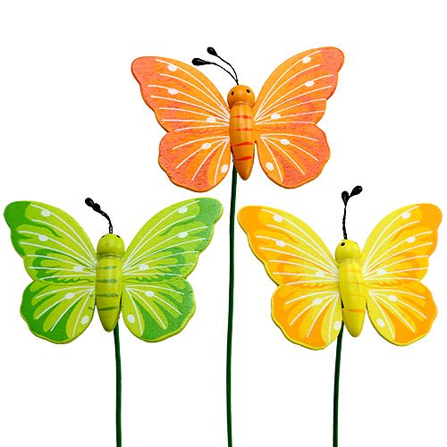 Artikel Træ sommerfugle på pinden, assorterede 3 farver 8 cm 24stk