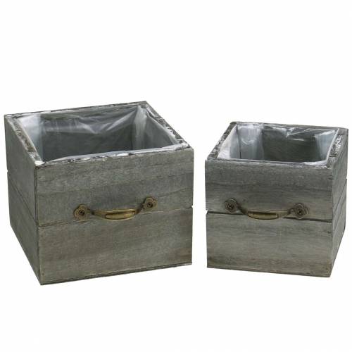 Plantekasse træskuffe vasket grå 15×15cm/12×12cm sæt med 2 stk.