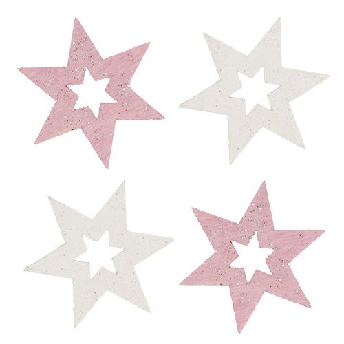 Træstjerner 3,5 cm lyserød / hvid med glitter 72stk
