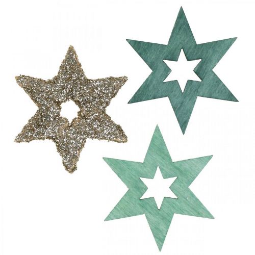 Scatter dekoration træstjerne grøn, glitter julestjerne mix 4cm 72 stk