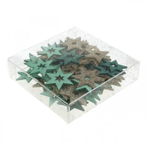 Artikel Scatter dekoration træstjerne grøn, glitter julestjerne mix 4cm 72 stk