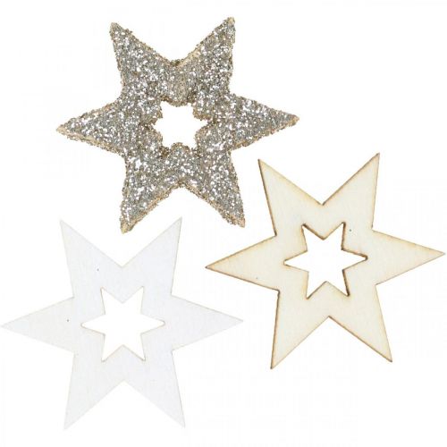 Floristik24 Scatter dekoration træstjerne natur, glitter, hvid 4cm assorteret 72 stk