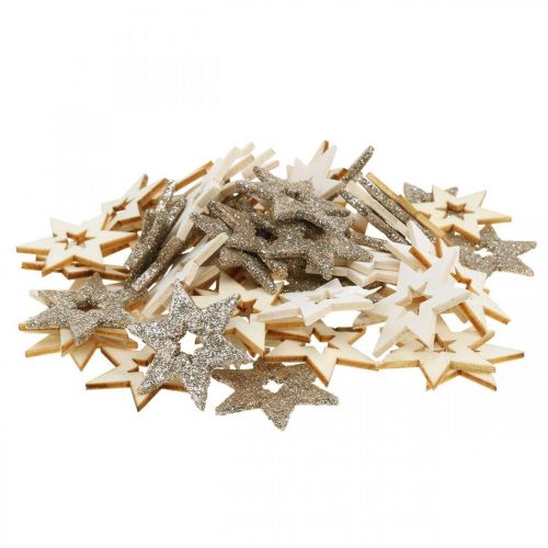 Floristik24 Scatter dekoration træstjerne natur, glitter, hvid 4cm assorteret 72 stk