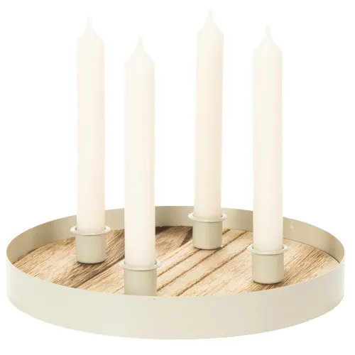 Lysestage til fire keglelys, rundt træfad, 25 cm | Floristik24.dk