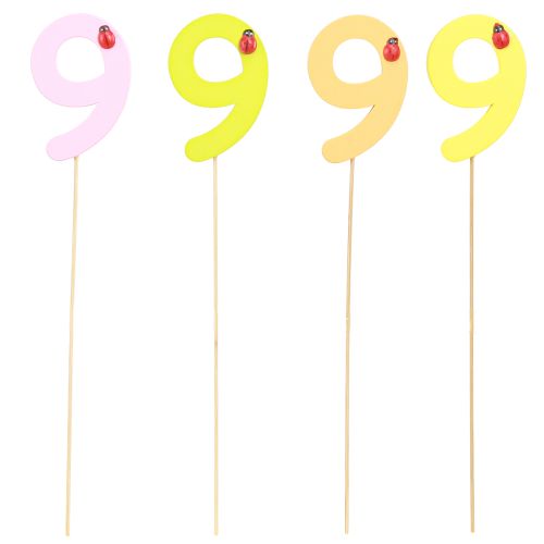 Artikel Jubilæumsnummer “9” på pinden nummer propper farverigt træ 7,5 cm 16 stk.