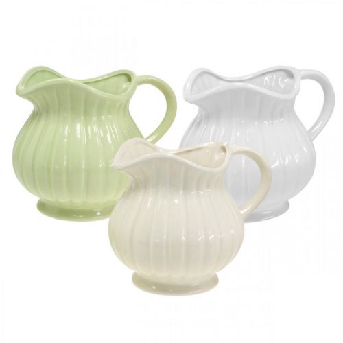 Dekorativ vase, kande med hank keramik grøn, hvid, cremefarvet H14,5cm 3 stk.