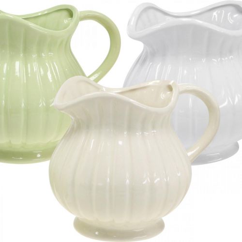 Floristik24 Dekorativ vase, kande med hank keramik grøn, hvid, cremefarvet H14,5cm 3 stk.