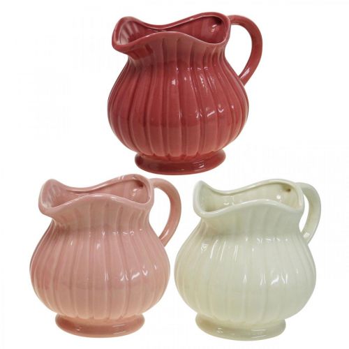 Dekorativ vase, kande med hank keramik hvid, pink, rød H14,5cm 3 stk.
