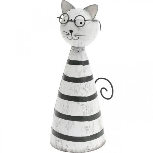 Kat med briller, dekorativ figur til placering, kattefigur metal sort og hvid H16cm Ø7cm