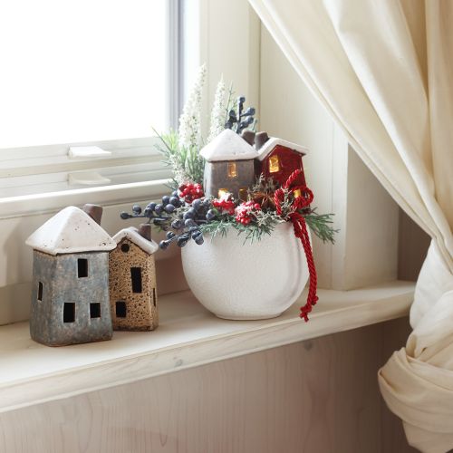 Keramikhus adventsdekoration creme rød grå 8,5/9,5 cm 3 stk.