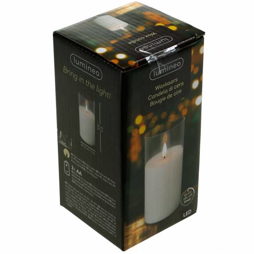 Artikel LED lys i glas ægte voks hvid Ø7,5cm H10cm