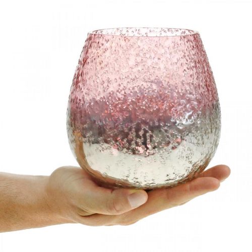 Artikel Glas lanterne, fyrfadsstage, borddekoration, lyseglas lyserød / sølv Ø15cm H15cm