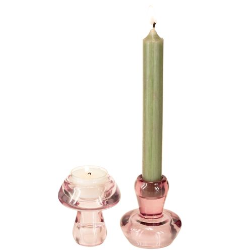 Floristik24 Lysestage med svampemotiv, fyrfadsstage, glas, bær, Ø6,5 cm, H7 cm, 2 stk.