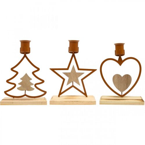 Artikel Lysestage lys stjerne hjerte gran brun H16,5cm assorteret 3 stk