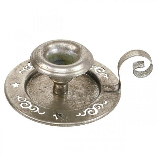 Lysestage metal lysplade med håndtag sølv Ø12cm