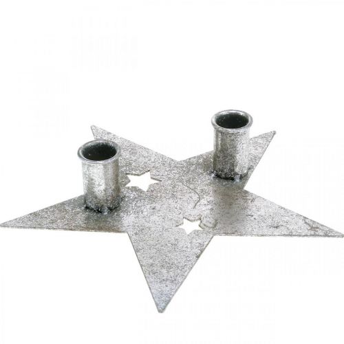 Lysdekorationsstjerne, metaldekoration, lysestage til 2 tilspidsede lys sølv, antikt look 23cm × 22cm