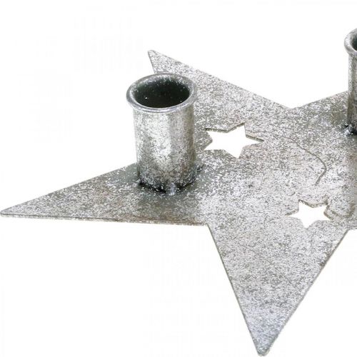 Artikel Lysdekorationsstjerne, metaldekoration, lysestage til 2 tilspidsede lys sølv, antikt look 23cm × 22cm