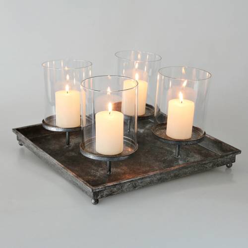 Floristik24 Adventsbakke med 4 lysestager 40 × 40cm antik look metal / glas sølv