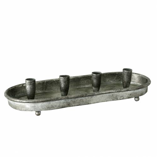 Lysbakke oval til 4 lys antikt sølvmetal 40 × 17cm