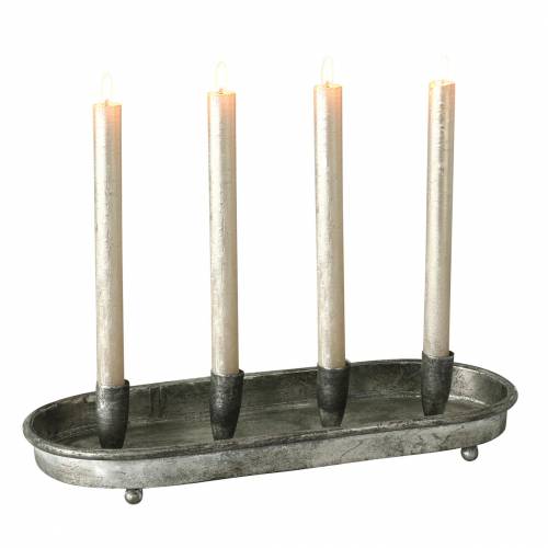 Floristik24 Lysbakke oval til 4 lys antikt sølvmetal 40 × 17cm