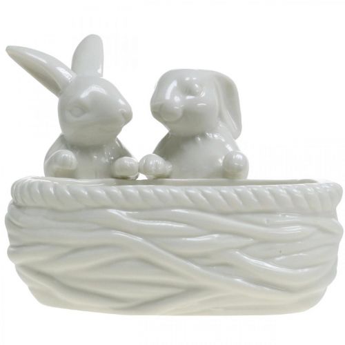 Artikel Kaniner med rede, bordpynt, påskerede, porcelænsdekoration, dekorativ skål hvid L15cm H11cm